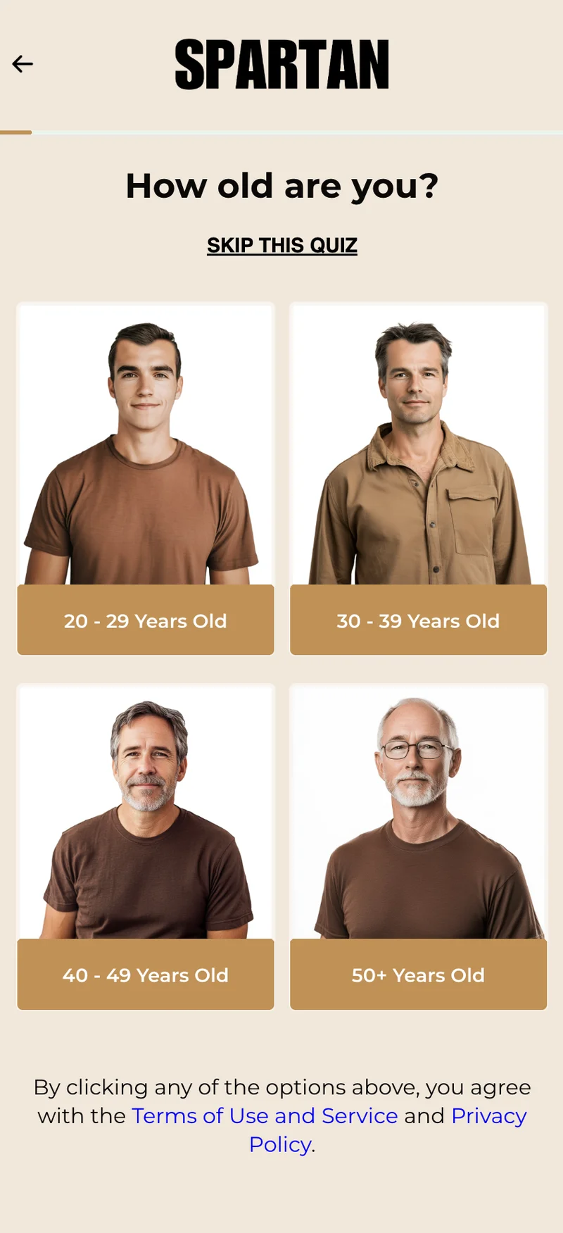 Spartan quiz step 1 — age gate with photo tiles