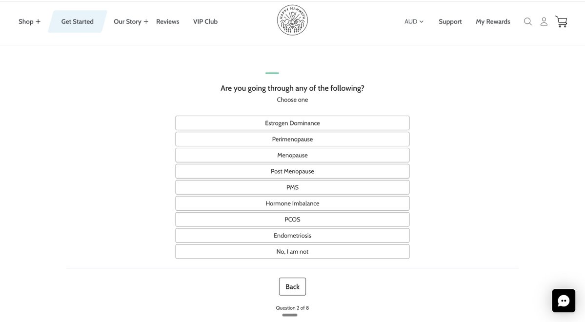 Happy Mammoth quiz asking users to self-identify symptoms