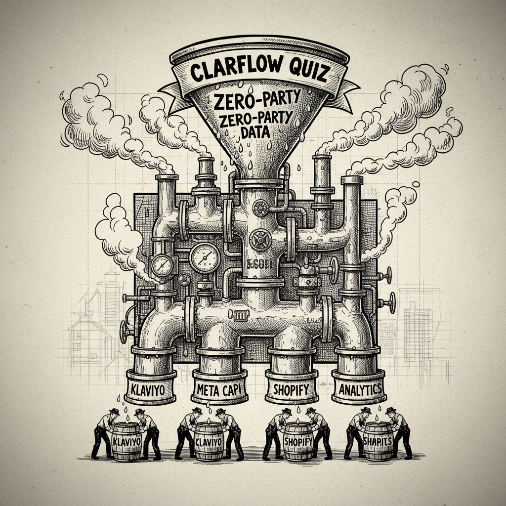 ClarFlow data pipeline — quiz answers flowing to Klaviyo, Meta CAPI, Shopify, Analytics