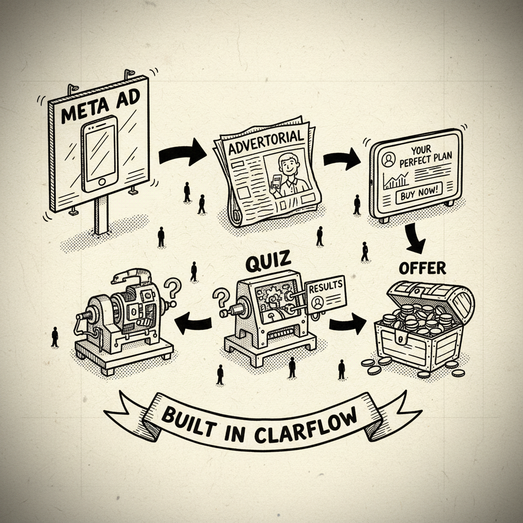 ClarFlow full funnel canvas — Ad → Advertorial → Quiz → Results → Offer